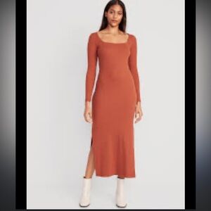 Old Nacy NWOT Fitted Rib-Knit Square-Neck Midi Dress M  Rust